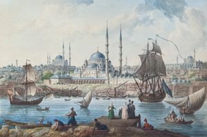 Yeni Camii und der Hafen von Istanbul von Jean Baptiste Hilair