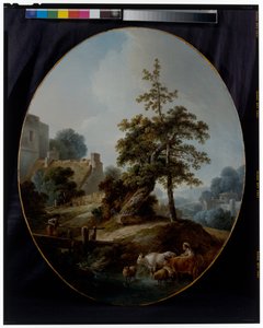 Landschaft mit einem Jungen und einer Schäferin mit Kühen und Schafen