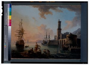 Fischer und Kurtisanen in einem Mittelmeerhafen bei Sonnenuntergang von Jean Baptiste Lallemand