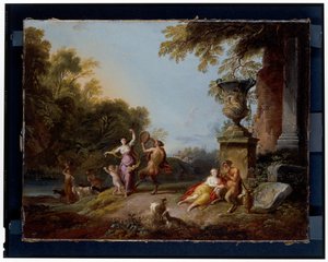 Nymphen und Satyrn in einer Flusslandschaft