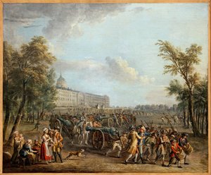 Plünderung der Waffen in den Invalides, das Volk von Paris, nachdem es am 13. Juli das Garde Meuble in Besitz genommen hatte, drang am 14. Juli 1789 in die Invalides ein und nahm 4 Kanonen und 34.000 Gewehre von Jean Baptiste Lallemand