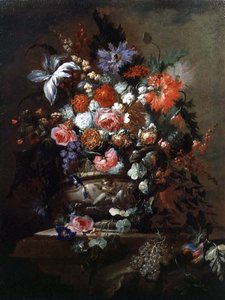 Stillleben mit Blumen und Trauben