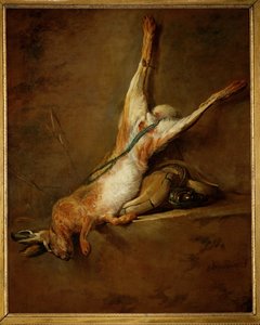 Toter Hase mit Pulverhorn und Jagdtasche