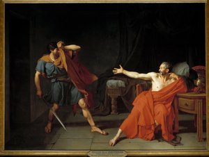 Marius Gefangener in Minturnae. Römischer General Caius Marius (rechts), im Krieg mit Sulla, wird nach seiner Flucht im Jahr 89 v. Chr. gefangen genommen. Er stößt einen Soldaten der Krone zurück, der gekommen war, um ihn in seiner Zelle zu töten. Illustra von Jean Germain Drouais