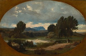 Landschaft mit Reiter auf weißem Pferd