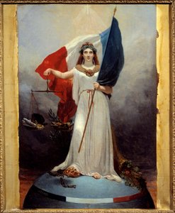 Symbolische Figur der Republik. Allegorie, die die Republik als Frau mit einem Lorbeerkranz, Symbol des Friedens, darstellt, die eine Waage, Symbol der Gerechtigkeit, und die Trikolore hält. Unter ihrem Fuß die Krone der zerschlagenen Monarchie und die geb