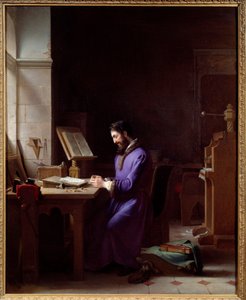 Johannes Gensfleisch Gutenberg (1400-1468) erfindet die Druckerpresse. Der deutsche Drucker stellt in seinem Büro Schriftzeichen her. Gemälde von Jean Antoine Laurent (1763-1832) 1830 Grenoble, Musée des Beaux Arts von Jean Antoine Laurent