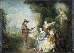 Die Liebeslektion (galante Szene in einem Garten mit Statue und Musiker)