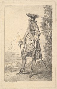 Mann, der einen Stock in der rechten Hand trägt, ca. 1710 von Jean Antoine Watteau