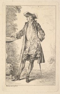 Stehender Mann mit seiner rechten Hand auf einem Becken ruhend, in Dreiviertelansicht, ca. 1710