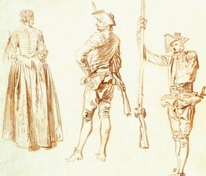 Studie einer jungen Frau und zwei Jäger, ca. 1712-13