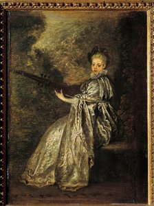 Das Mädchen Finette spielt ein Saiteninstrument. Gemälde von Jean Antoine Watteau (1684-1721) 18. Jahrhundert