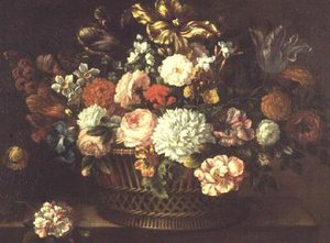 Pfingstrosen, Tulpen, Narzissen und andere Blumen in einem Korb von Jean Baptiste (attr. to) Monnoyer