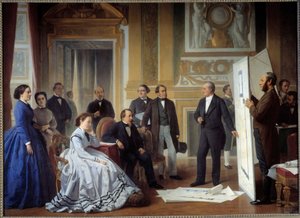 Der Architekt Louis Visconti präsentiert Napoleon III den Plan des neuen Louvre