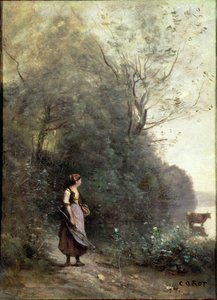 Eine Bäuerin weidet eine Kuh am Waldrand, ca. 1865-70