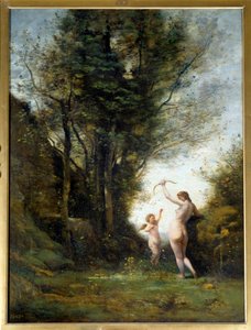 Eine Nymphe spielt mit einem Amor. Gemälde von Camille Corot (1796-1875)