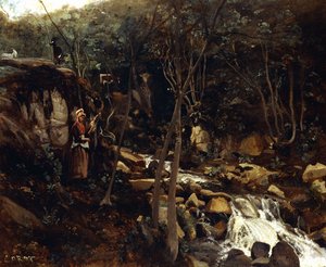 Lormes - Ein Wildbach mit einer stehenden Bäuerin, die Wolle spinnt, 1842