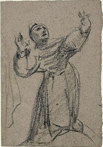 Kniende Figur mit erhobenen Armen