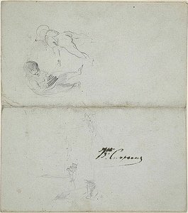 Skizzen von zwei Kindern, Boote auf See (recto); Skizzen einer schreitenden männlichen Figur mit Stab und Küstenszene (verso) von Jean Baptiste Carpeaux