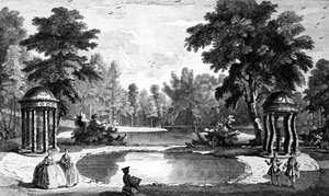 Ansicht der Grotte und zwei Muschelschreine, Stowe House Gardens, graviert von George Bickham, 1753