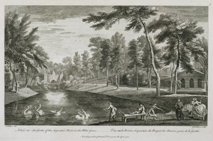 Ein Blick auf die Grotte des Serpentine River im Erlenhain von Stowe, 1753, graviert von George Bickham