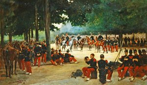 Infanterieregiment entspannt sich im Bois de Boulogne während einer Parade