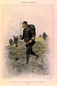 Typen und Uniformen der französischen Armee von Hauptmann Jules Richard, illustriert von Edouard Detaille (1848-1912): Fußjäger: Feldwebel in Felduniform im Jahr 1885, Privatbesitz