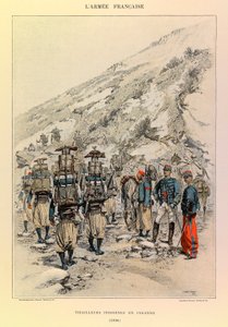 Typen und Uniformen der französischen Armee von Hauptmann Jules Richard, illustriert von Edouard Detaille (1848-1912): Indigene Tirailleurs in Kolonne im Jahr 1886, Private Sammlung