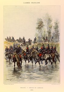 Typen und Uniformen der französischen Armee von Hauptmann Jules Richard, illustriert von Edouard Detaille (1848-1912): Dragoner; Felddienst im Jahr 1885, Private Sammlung von Jean Baptiste Edouard Detaille