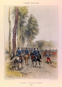 Typen und Uniformen der französischen Armee von Hauptmann Jules Richard, illustriert von Edouard Detaille: Husaren; Felddienst 1885