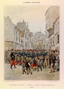 Typen und Uniformen der französischen Armee von Hauptmann Jules Richard, illustriert von Edouard Detaille: Linieninfanterie: Ankunft auf der Bühne während der großen Manöver 1885, Private Sammlung von Jean Baptiste Edouard Detaille