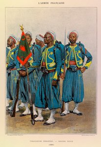 Typen und Uniformen der französischen Armee von Hauptmann Jules Richard, illustriert von Edouard Detaille (1848-1912): Einheimische Tirailleurs in großer Montur im Jahr 1886, Private Sammlung von Jean Baptiste Edouard Detaille