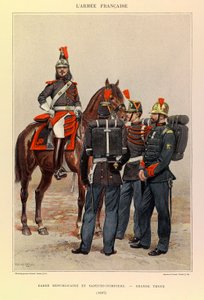 Typen und Uniformen der französischen Armee von Hauptmann Jules Richard, illustriert von Edouard Detaille: Republikanische Garde und Feuerwehrleute in großer Uniform 1887 von Jean Baptiste Edouard Detaille