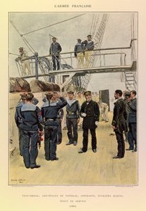 Typen und Uniformen der französischen Armee von Kapitän Jules Richard, illustriert von Edouard Detaille: Marine: Vizeadmiral, Schiffslieutenant, Aspiranten, Marinerifles in Dienstkleidung 1885, Privatbesitz von Jean Baptiste Edouard Detaille