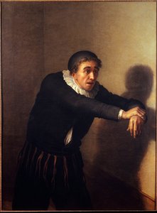Grandmesnil in der Rolle des Harpagon. Der Komödiant Grandmesnil (Pseudonym Jean-Baptiste Fauchard) (1737-1816) spielt die Figur des Harpagon in Molières Stück „Der Geizige“ (Jean Baptiste Poquelin) im Jahr 1790. Gemälde von Jean Baptiste Desoria (1758-183