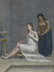 Türkisches Mädchen, das sich im Bad die Haare flechten lässt, 18. Jahrhundert von Jean Baptiste Haussard