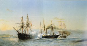 Seeschlacht vor der marokkanischen Küste zwischen zwei marokkanischen Briggs und einer französischen Raddampferkorvette anlässlich der Bombardierung von Mogador durch das französische Geschwader 1844
