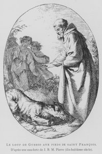Der Wolf von Gubbio zu Füßen von St. Franziskus von Assisi (Lithografie) von Jean Baptiste Marie (after) Pierre