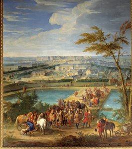 Ansicht der Stadt und des Schlosses von Versailles vom Hügel Montbauron aus, Louis XIV (1638-1715) und François Michel le Tellier, Marquis de Louvois, besuchen die neuen Reservoirs von Jean Baptiste Martin