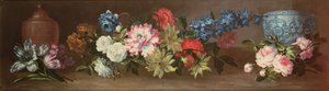 Stillleben mit Rosen und anderen Rosen auf einem Sims mit zwei Ingwerkrügen von Jean Baptiste Monnoyer