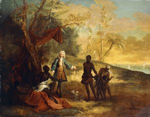Aus den vier Teilen der Welt - Afrika: Ein europäischer Händler handelt mit einem schwarzen Häuptling, 1724
