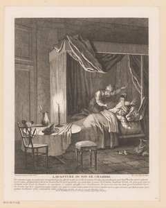Mann erschrickt durch Nachttopf, der über ihn geleert wird Szenen aus dem Roman Comique von Scarron (Serientitel)