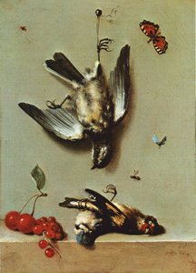 Stillleben mit drei toten Vögeln, Johannisbeeren, Kirschen und Insekten von Jean Baptiste Oudry
