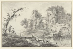 Ruine an einem Fluss mit zwei Bauern von Jean Baptiste Pillement