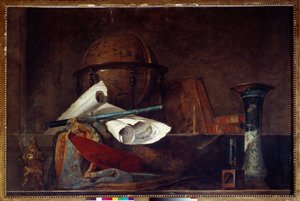 Allegorie der Wissenschaft. Stillleben, Globus, geografische Karten, Bücher und Vase. Gemälde von Jean Baptiste Simeon Chardin (1699-1779) 18. Jahrhundert Paris, Musée Jacquemart André