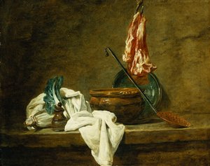 Rüben, eine Gewürzdose, ein Geschirrtuch, ein Topf, ein glasierter Tonkrug, ein Schaumlöffel, mit Fleisch an einem Haken, auf einem Sims, 1734 von Jean Baptiste Simeon Chardin