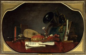 Die Attribute der Musik Stillleben mit Partitur, Violine, Mandore, Hofmusette, Querflöte, Horn und Trompete von Jean Baptiste Simeon Chardin