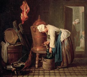 Frau schöpft Wasser aus einer Kupferzisterne, ca. 1732