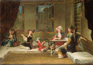 Armenische Frauen, die in einem Innenraum sticken