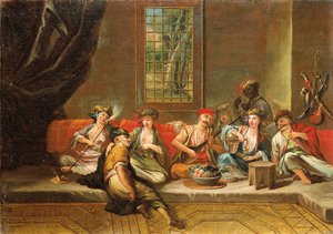 Griechische Seeleute, die in einem Innenraum feiern von Jean Baptiste Vanmour